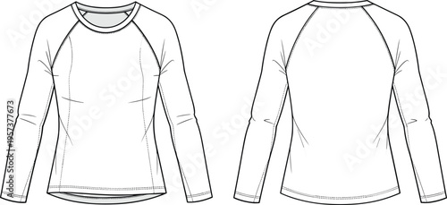 White long sleeve raglan t shirt front and back flat sketch raglan sleeve t-shirt