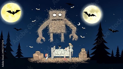 Spooky Halloween Night with Straw Giant Under Full Moon: A Whimsical Fantasy Adventure for Family Bedtime Stories