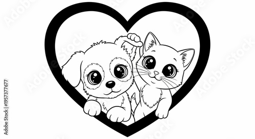 Cute Puppy and Kitten Peeking from a Black Heart Outline on Isolated White Background