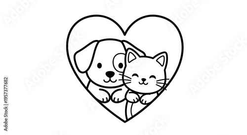 Adorable Puppy and Kitten Cuddling Inside a Heart Outline in Line Art on Isolated White Background