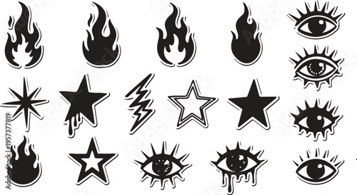 Set of silhouette flame and fire in vintage style. Hand drawn engraved monochrome bonfire sketch. 