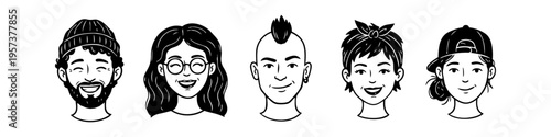 Collection of hand-drawn diverse avatar icons. Five stylish black and white line art portraits of men and women showcasing different hairstyles and accessories like beanies, hats, and glasses.