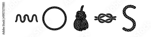 Black nautical rope icons set including knots, circle frame, and wavy lines isolated on white. Graphic collection for maritime design, yachting logos, and seafaring decor.