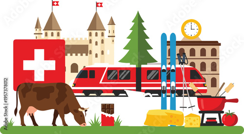Switzerland Travel Culture Vector Illustration with Swiss Flag, Alps Skiing, Cheese Fondue, Cow, Train, Landmarks and Traditional Symbols Collection