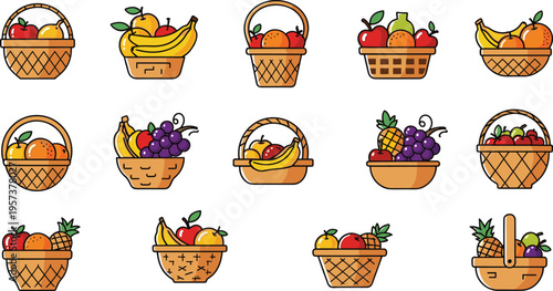 Fruit basket vector illustration set with assorted fresh produce, cute market hamper collection, healthy food elements isolated on white background.