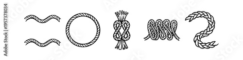 Set of hand-drawn nautical rope elements including a circular frame, knots, braids, and coils. Vintage engraving style illustration on a white background, perfect for marine design projects.