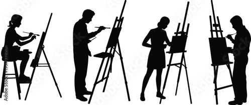 Artist painting on easel silhouette set, creative people drawing, cad drawing flat vector illustration, artwork