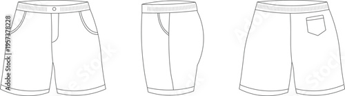 Men shorts technical sketch set with front and back views. Clean outline apparel template with pocket and waistband detail. Minimal fashion vector for clothing design, production, and specification.