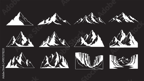 Collection of black and white mountain silhouettes in various styles. Collection of silhouette images isolated on transparent