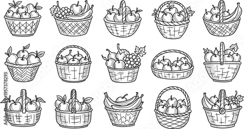 Fruit basket vector illustration set with hand drawn fresh produce containers, vintage engraved food collection isolated on white background.