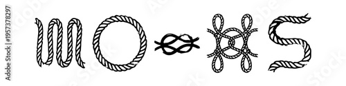 Set of hand-drawn nautical rope elements featuring letters and decorative knots. Ideal for maritime designs, sailor themes, and vintage ocean graphics.
