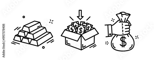 Gold bars, cash box, and money bag icon set for financial concepts