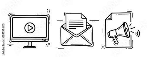 Digital media icons: video player, email, megaphone in black and white illustration