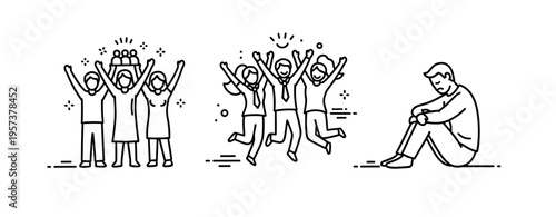 Illustration of social acceptance and isolation with two groups and lone figure