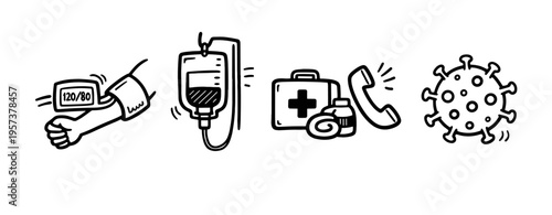Healthcare and medical equipment icons: blood pressure, iv drip, first aid, virus