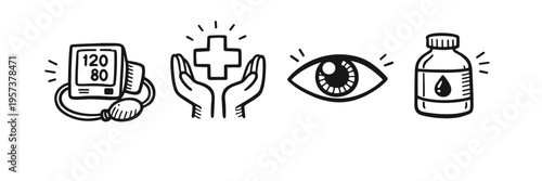 Healthcare icons: blood pressure, medical support, vision, medicine bottle