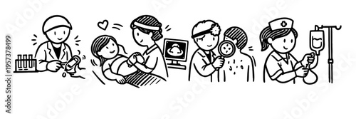 Cartoon medical scenes: laboratory, ultrasound, examination, iv drip