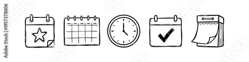 Hand-drawn doodle icons for scheduling and time management. Set includes various calendar types with a star and checkmark, plus an analog clock. Black ink sketch style on white background.