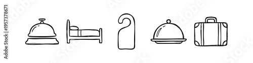 Hand-drawn hotel and travel icon set featuring a service bell, bed, door hanger, food cloche, and suitcase. Sketchy black and white doodle style line art illustration for hospitality business.