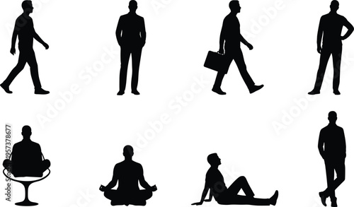 man, silhouette, business, walking, standing, sitting, pose, people, male, lifestyle, professional, casual, posture, collection, set, isolated, black, person, gesture, style