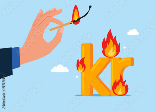 Hand deliberately sets fire to Sweden currency Swedish krona symbol. Lose money investment in financial crisis, profit and loss in business or deflation and inflation concept. Hot offer. Flat vector i