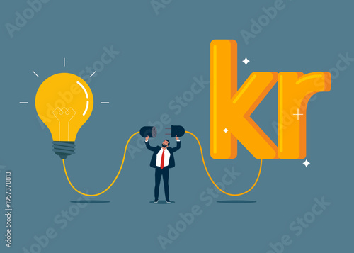 Sweden currency Swedish krona and light bulb connected. Financial support for startup and company. Modern vector illustration in flat style