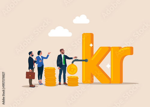 Businessman opening water tap to let Sweden currency coin Swedish krona flowing out from big Swedish krona. Big Swedish krona coin with money. Financial investments. Flat vector illustration