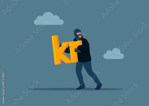 Finance risk problem. Thief stealing Sweden currency Swedish krona, burglar with money. Money budget theft and mistake cost steal expensive coin. Flat vector illustration