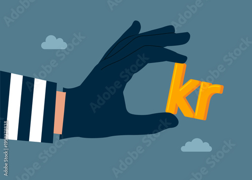 Thief stealing Sweden currency Swedish krona symbol, burglar with money. Fraud and failure business. Vector illustration
