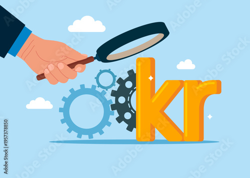 Hand with magnifier and sign Sweden currency Swedish krona.  Money with cog gear production. Optimize cost and expense for better profit strategy. Flat vector illustration