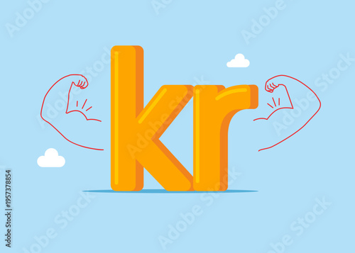 Financial and investment growth. Sign Sweden currency Swedish krona money doing strong gesture. Money power. High esteem. Flat vector illustration