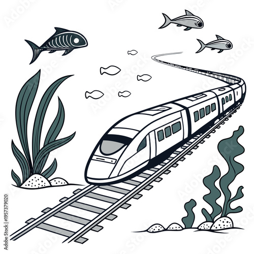 An illustration of a train traveling on underwater railroad tracks surrounded by fish and seaweed