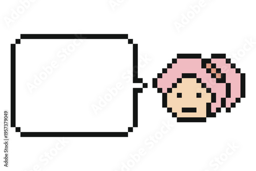 Cartoon girl woman lady with chat box in review,feedback,talk,say,speak,8 bit.