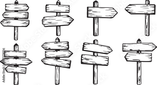 Set of old wooden blank cartoon sign boards, vector illustration