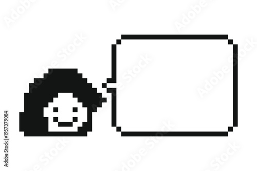 Cartoon girl woman lady with chat box in review,feedback,talk,say,speak,8 bit.