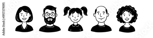 Set of diverse people avatars in minimalist black and white line art style. Hand-drawn doodle portraits of various men, women, and a child smiling. Vector illustration for web and profile icons.
