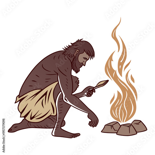 Caveman cooking meat on fire with a stone knife in a primitive setting
