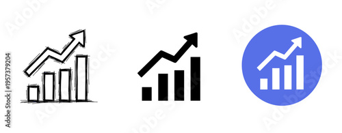 Set of business bar graph icons with upward arrows in sketch, solid, and color styles