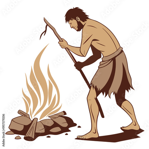 Caveman starting a fire with a stick and rocks