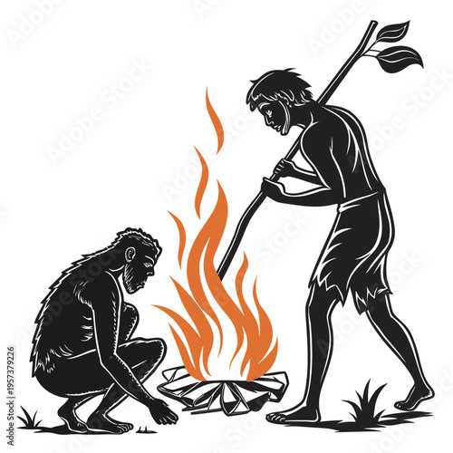 Two cavemen making fire in the stone age with a stick and sticks
