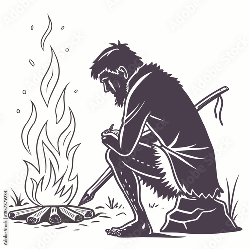Primitive man sitting by campfire with writing instrument in hand