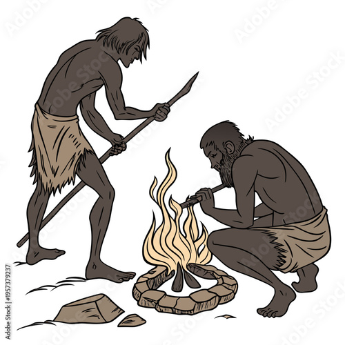Two cavemen making fire in the stone age with a spear and stick