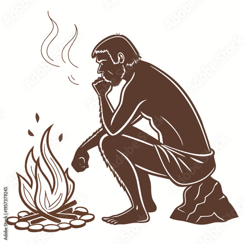 A brown illustration of a caveman sitting by a campfire