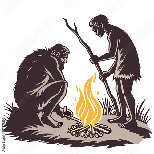 Vector illustration of two cavemen cooking over an open flame in a primitive setting