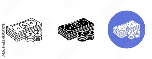 Monochrome money icons: stacks of cash and coins in minimalist design