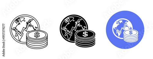 Global economy growing: world map and dollar sign with increasing coin stacks