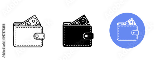 Minimalist wallet icon collection with cash in black and blue variants