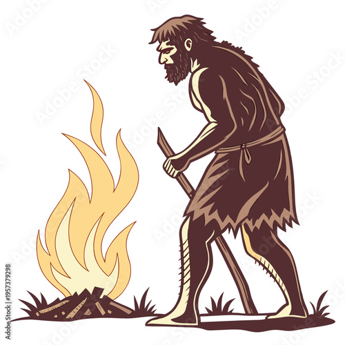 A caveman in a fur loincloth is chopping wood next to a fire