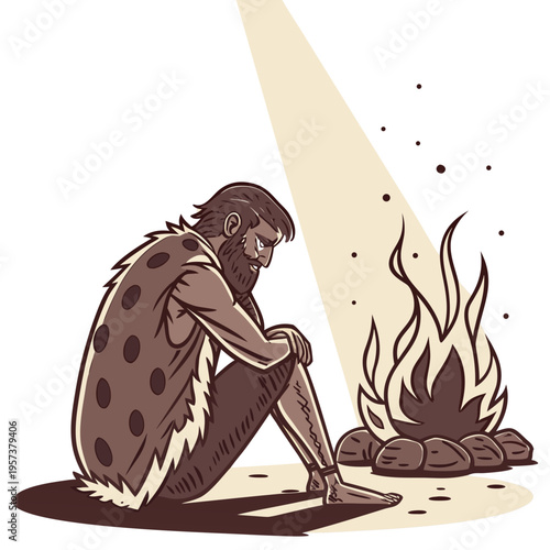 Caveman sitting by campfire with a spotlight on him in a thoughtful pose