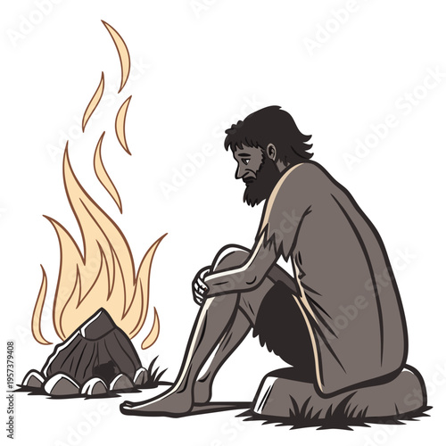 Caveman sitting by a campfire in a primitive outdoor setting